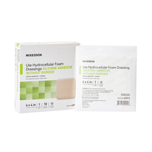 Load image into Gallery viewer, Thin Foam Dressing McKesson Lite 4 X 4 Inch Without Border Film Backing Silicone Gel Adhesive Square Sterile #4893