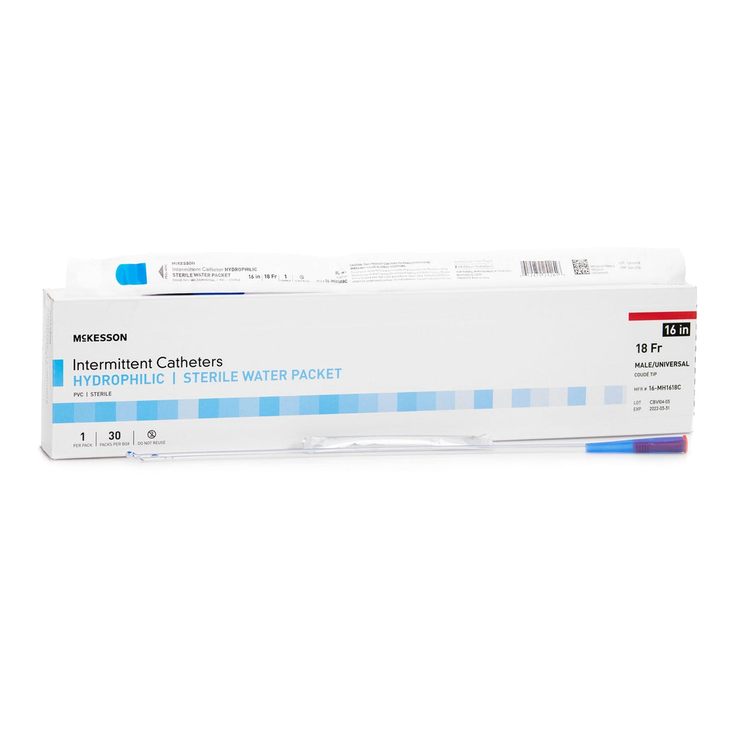 Urethral Catheter McKesson Coude Tip Hydrophilic Coated PVC 18 Fr. 16 Inch #16-MH1618C