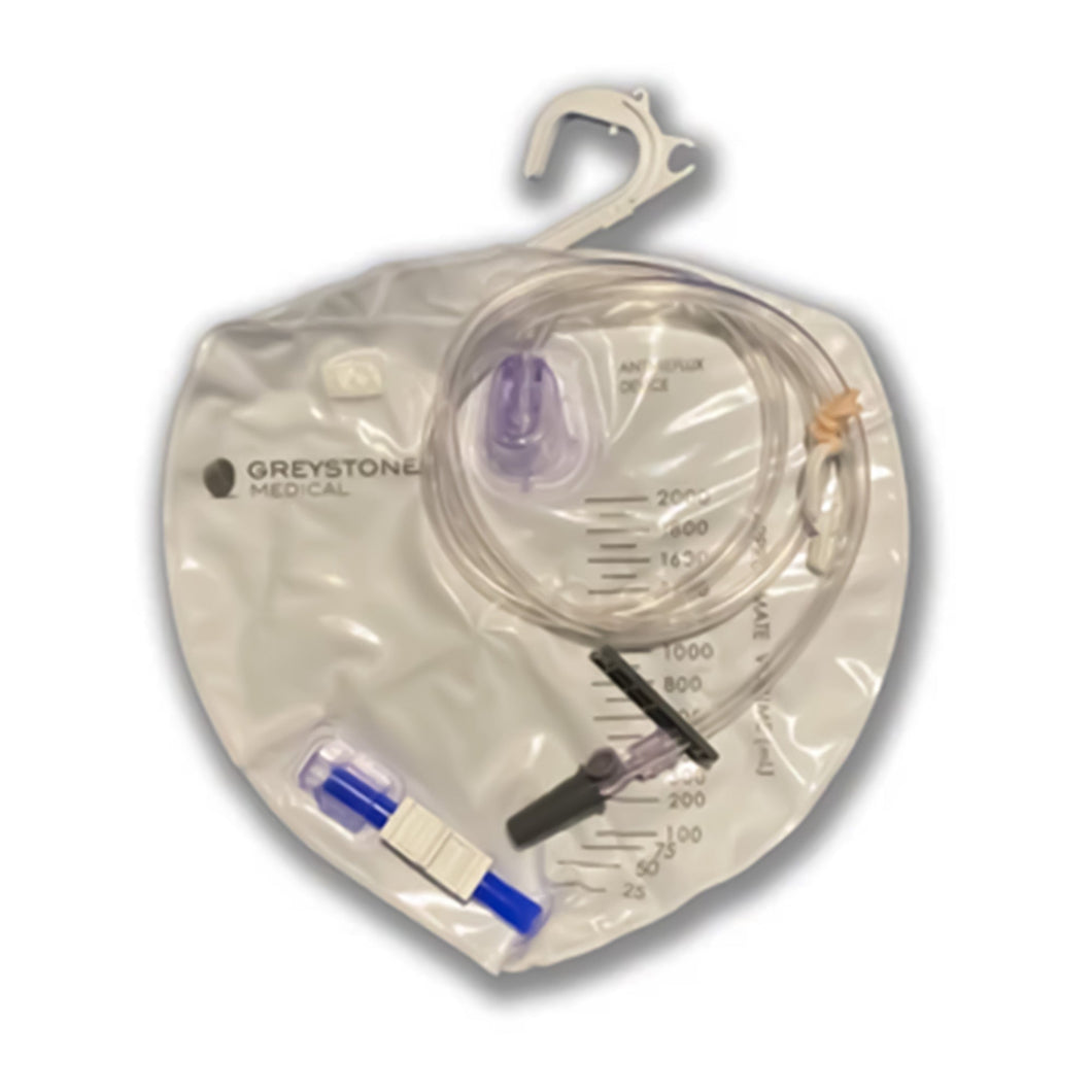 Safe N Simple Urinary Drain Bag Greystone Medical Anti-reflux Valve Sterile 2,000 mL #GMDBU2000