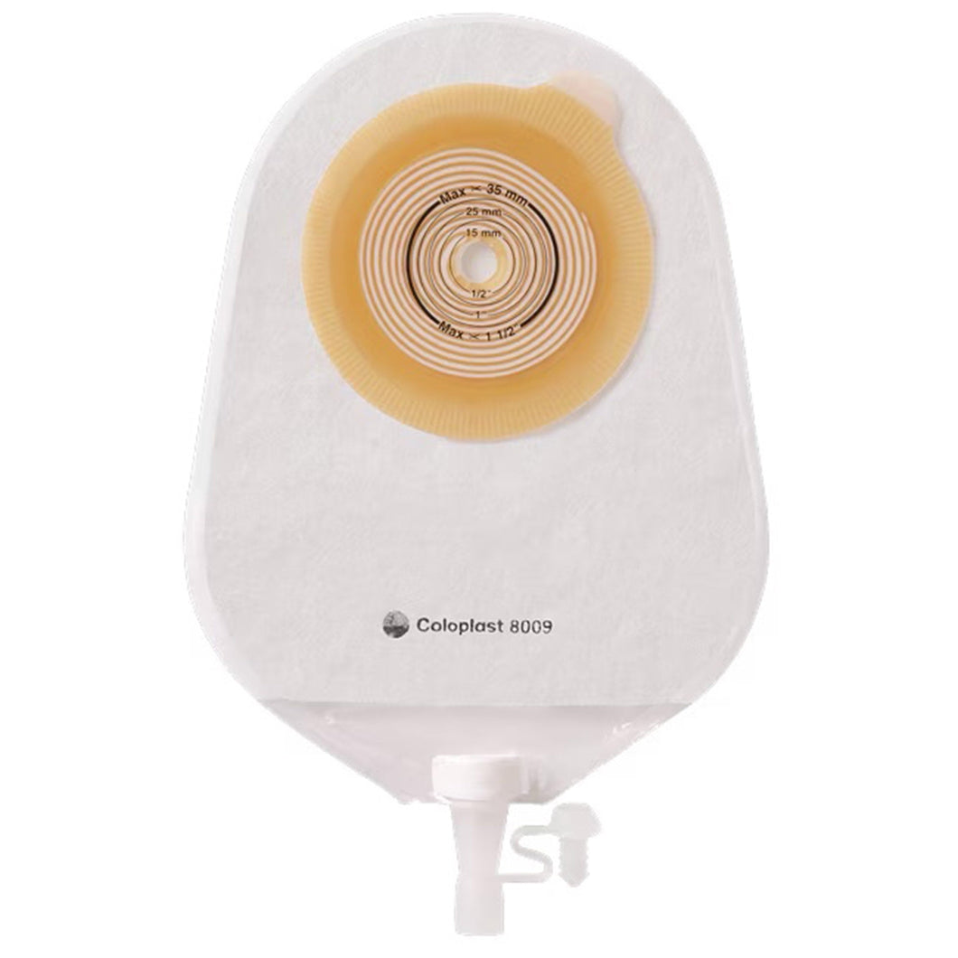 Coloplast Urostomy Pouch Assura® 8009 One-Piece System 8-1/2 Inch Length Flat, Trim to Fit 1/2 to 1-1/2 Inch Stoma Drainable